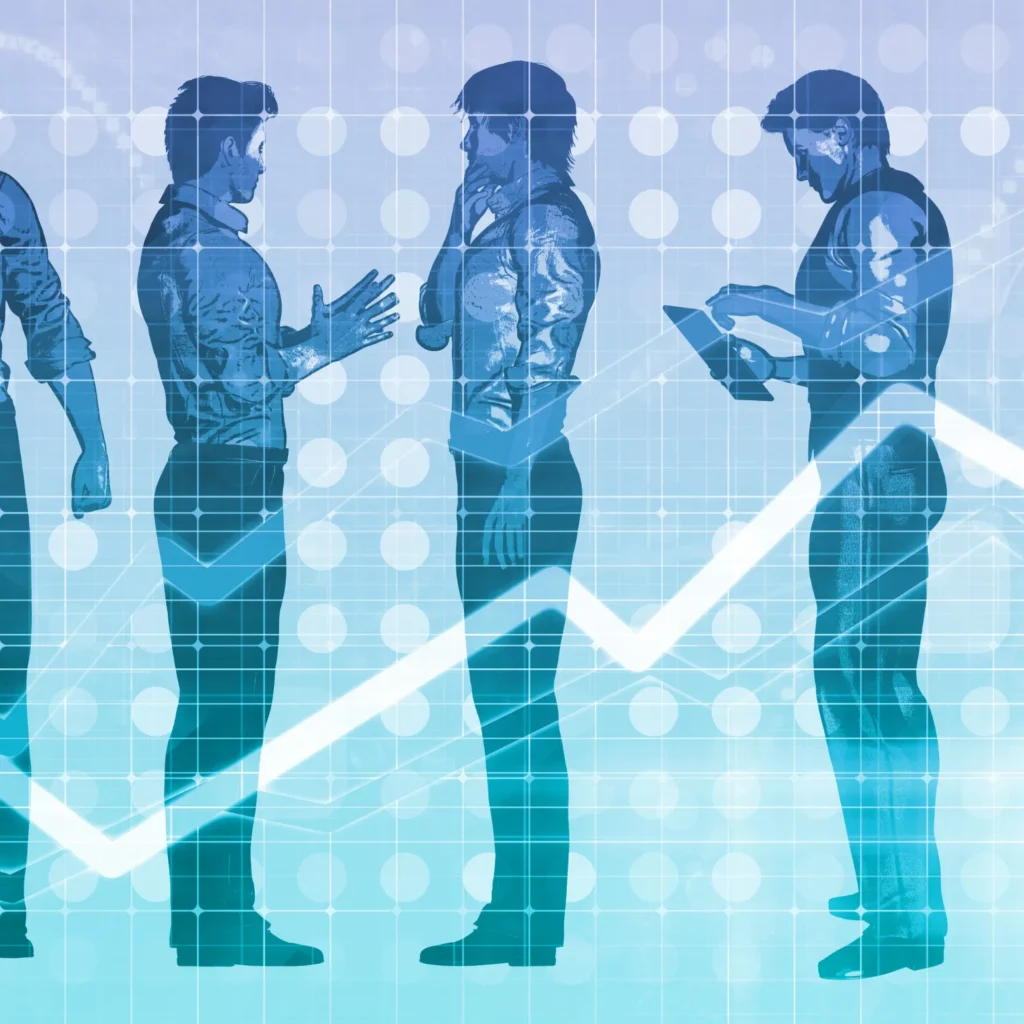 תהליך ייעוץ עסקי עם דמויות המייצגות שיחות וניתוח נתונים. גרף עולה ברקע מציין הצלחה.